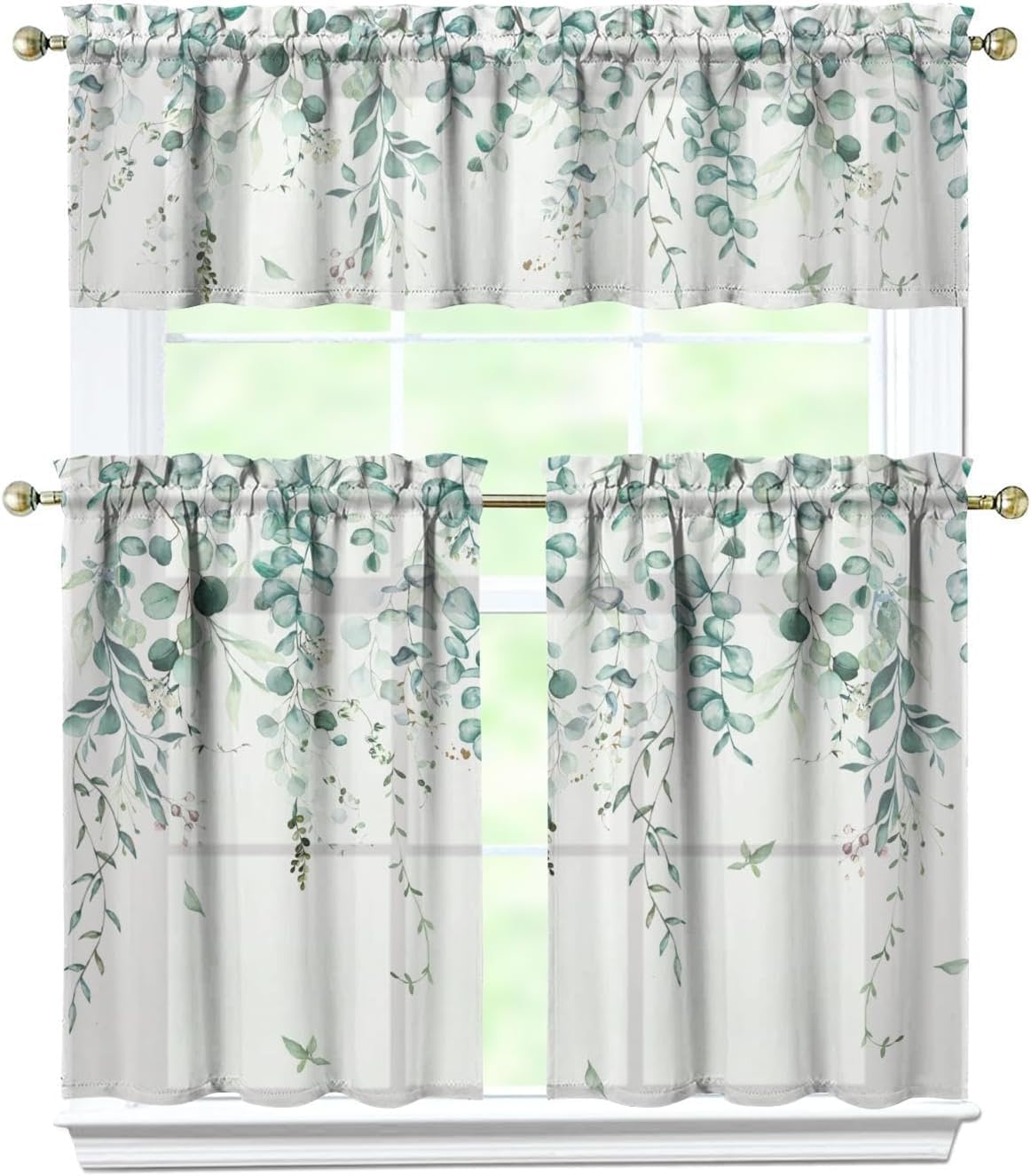 Sage Kitchen Curtain Valance 3 Piece Set, Sage Leaf Floral Kitchen Decor for Home Interior, Farmhouse Style Sink Window Curtains 36 Inch