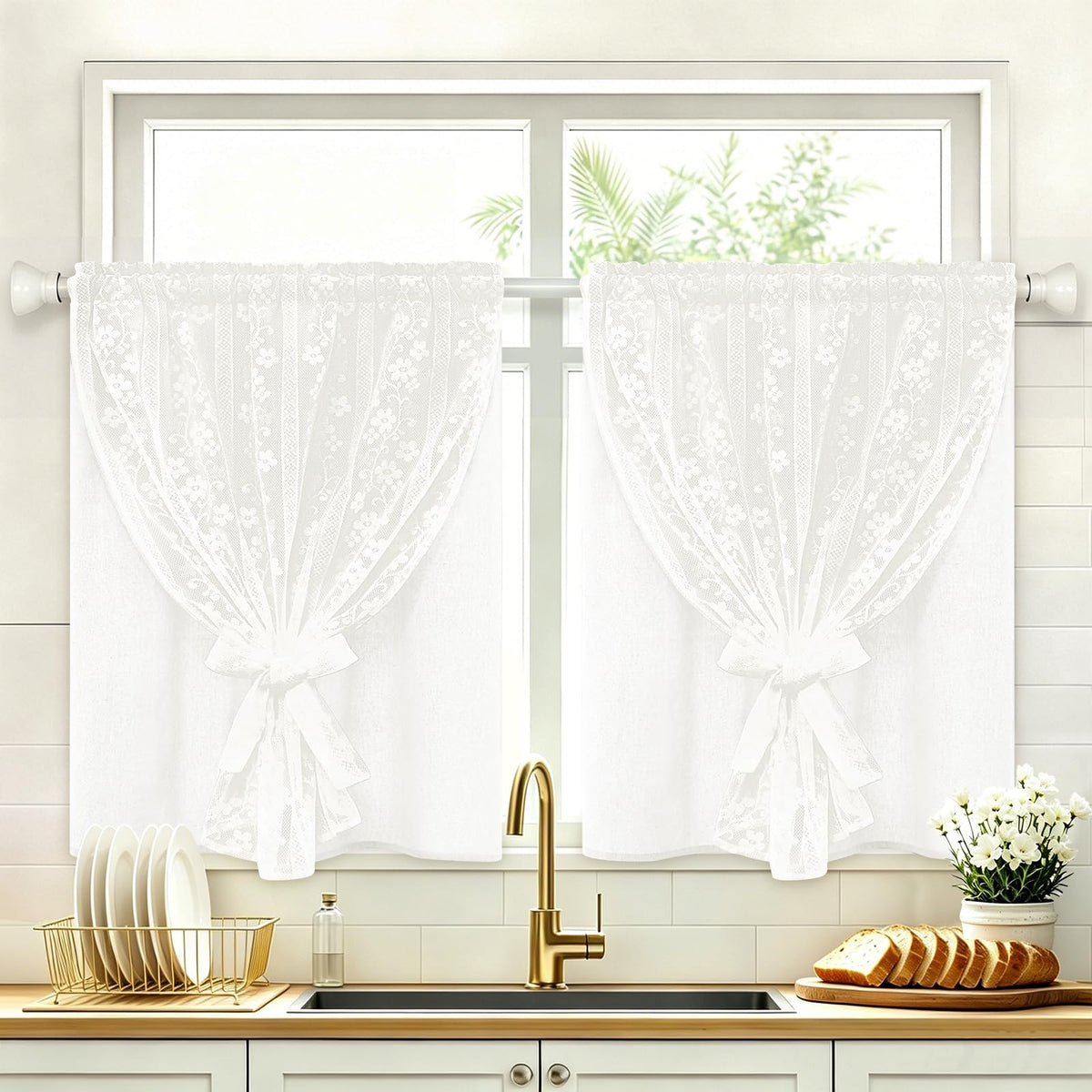 ASPMIZ Linen Kitchen Curtains 36 Inch Length, Double Layered Window Curtain 2 Panel Sets Rod Pocket Short Curtains for Kitchen, Farmhouse Window Treatment Tiers for Bathroom, Cafe, Beige
