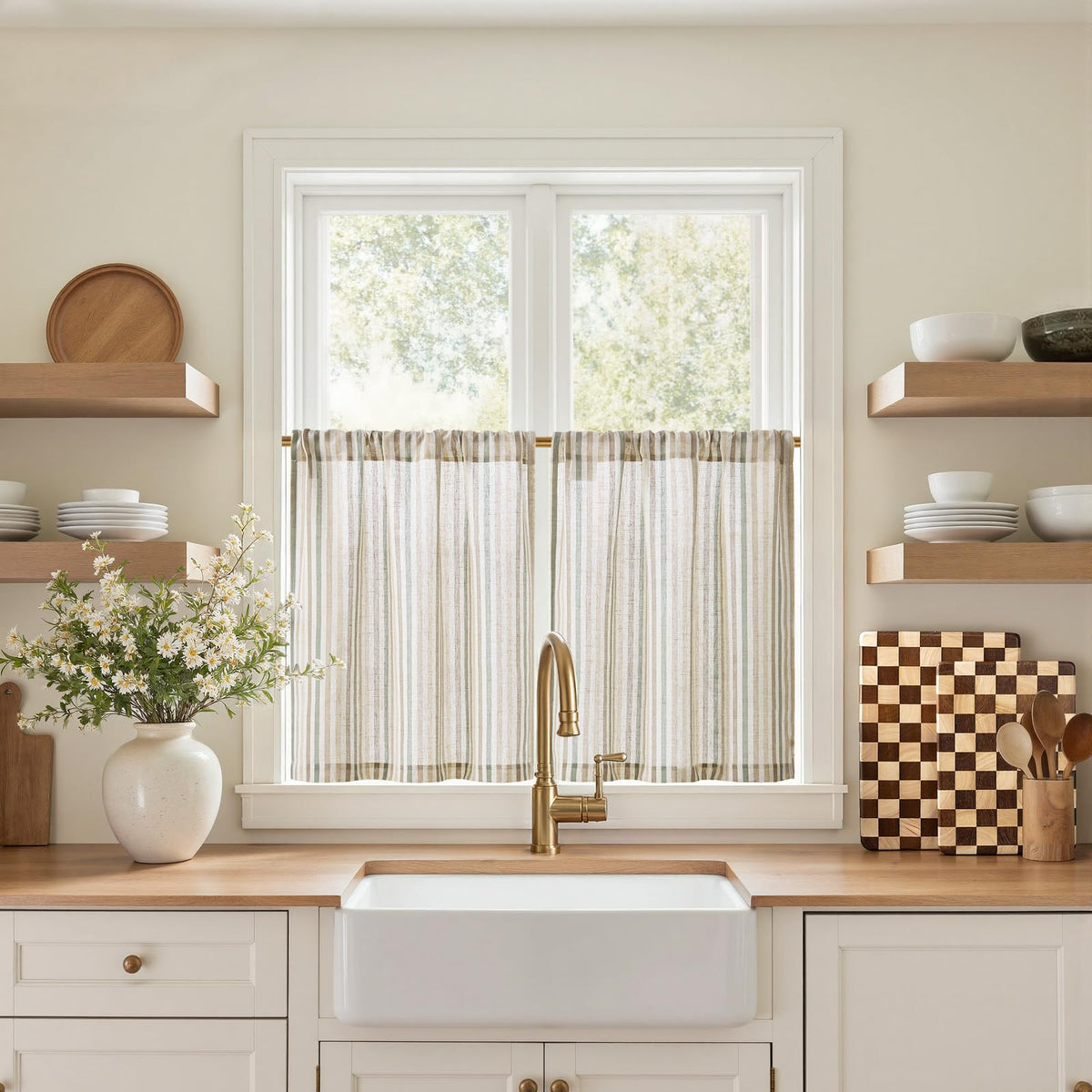 jinchan Striped Linen Kitchen Tier Curtains, 30 Inch, Sage Green, 2 Panels