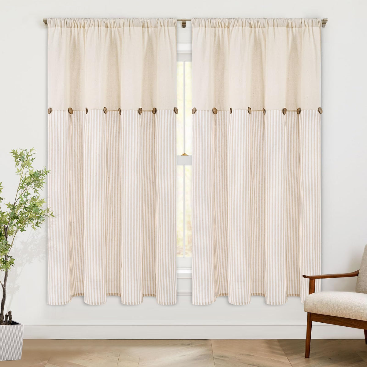 ASPMIZ Cotton Linen Kitchen Valance Curtains, Boho Rustic Button Linen Valances for Windows Farmhouse, Black with Grey Stripe Valance Window Topper Treatment Window Valances for Bathroom, 52 x 18 Inch