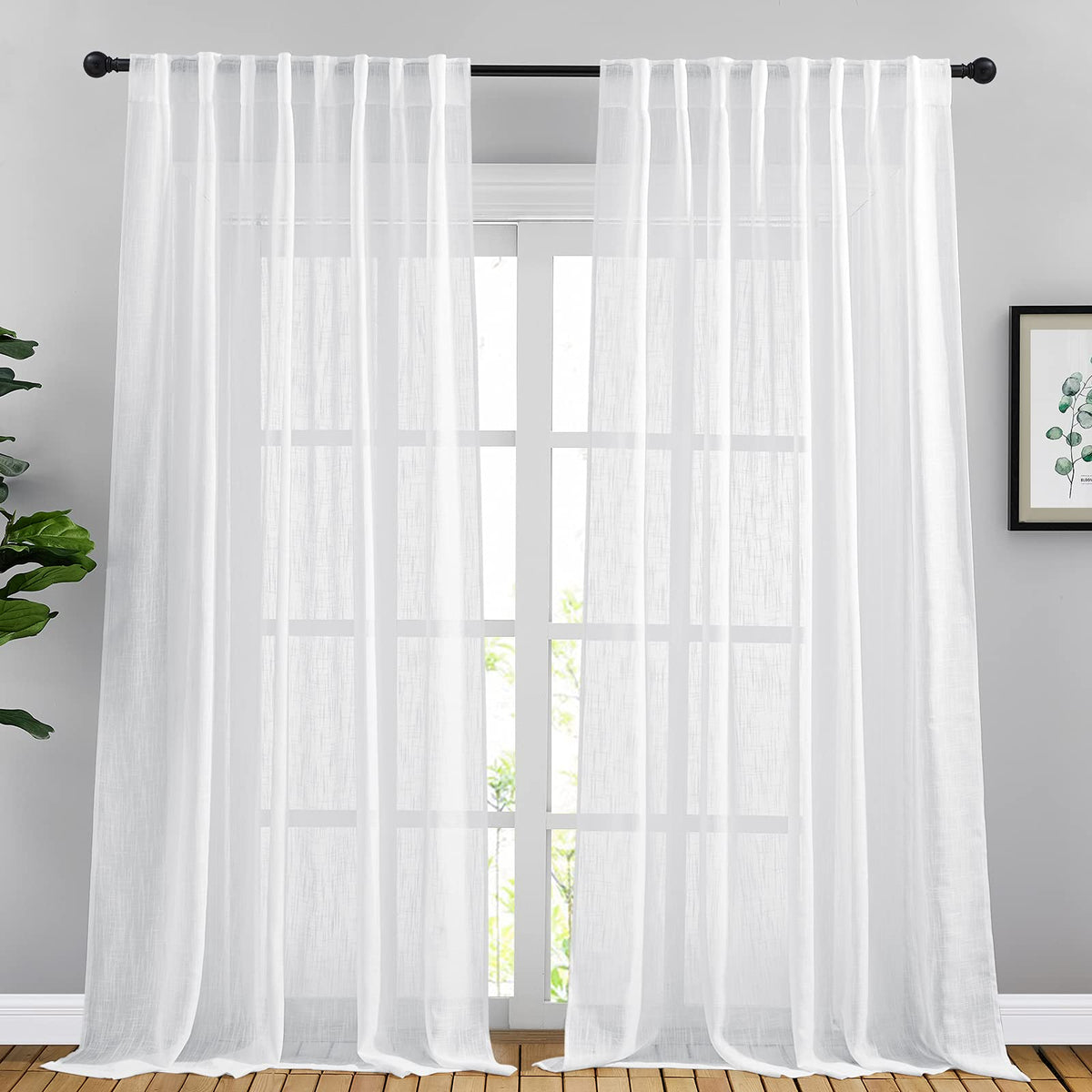 NICETOWN Natural Linen Kitchen Curtains 26 inches Long, Rod Pocket & Back Tab Semi Sheer Flax Window Treatments Rustic & Cute for Cafe/Kids Room, W37 x L26, 2 Panels