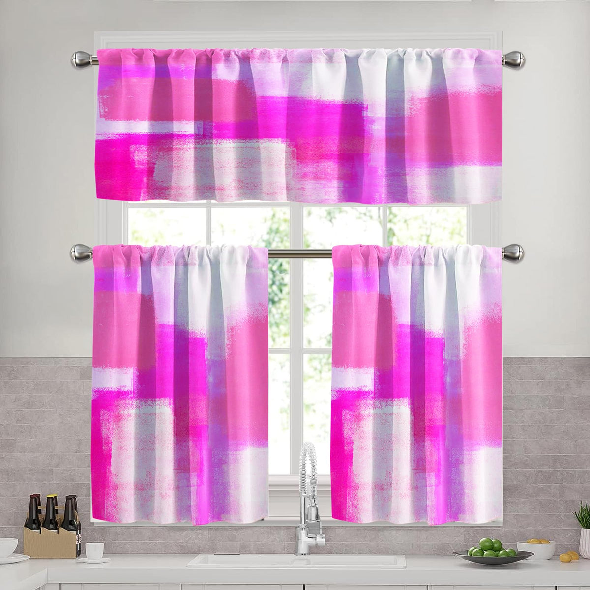 Blue Brown Kitchen Curtains Set, 3 Piece 52x36 Inch Valance & Tier Curtains