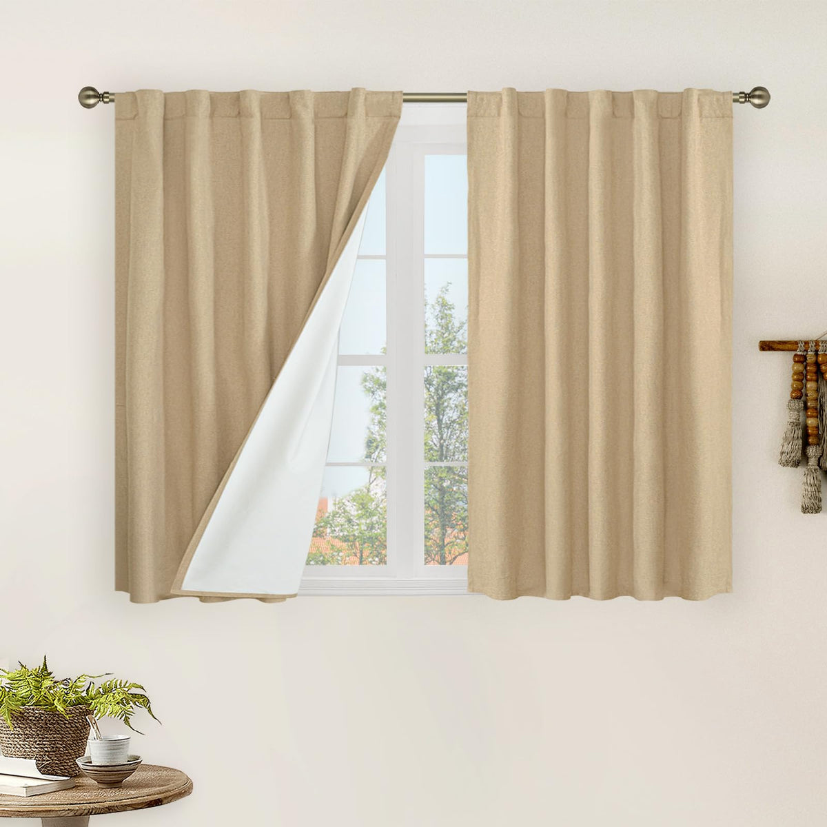 LAMIT Full Blackout Linen Kitchen Window Curtains 36 Inches Long, Ivory
