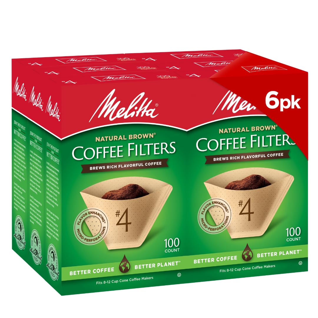 Melitta #4 Unbleached Coffee Filters, Natural Brown Cone Filters, 6-Pack