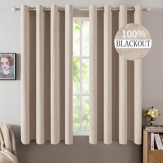 MIULEE 100% Blackout Linen Curtains for Bedroom 52x54 Inches Natural Beige
