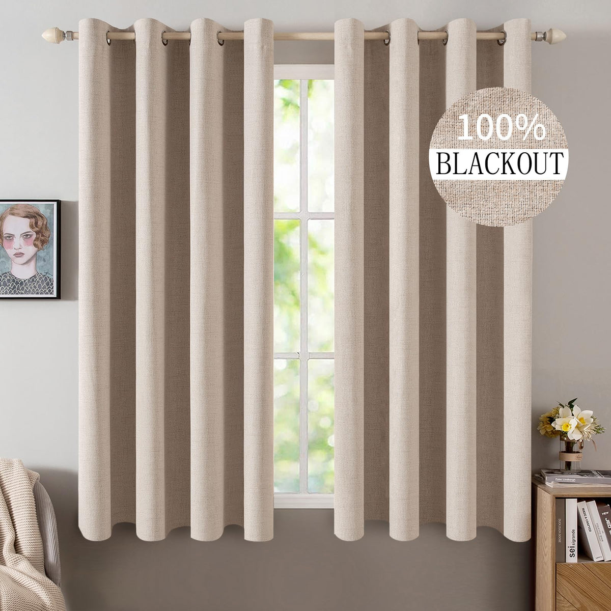 MIULEE 100% Blackout Linen Curtains for Bedroom 52x54 Inches Natural Beige
