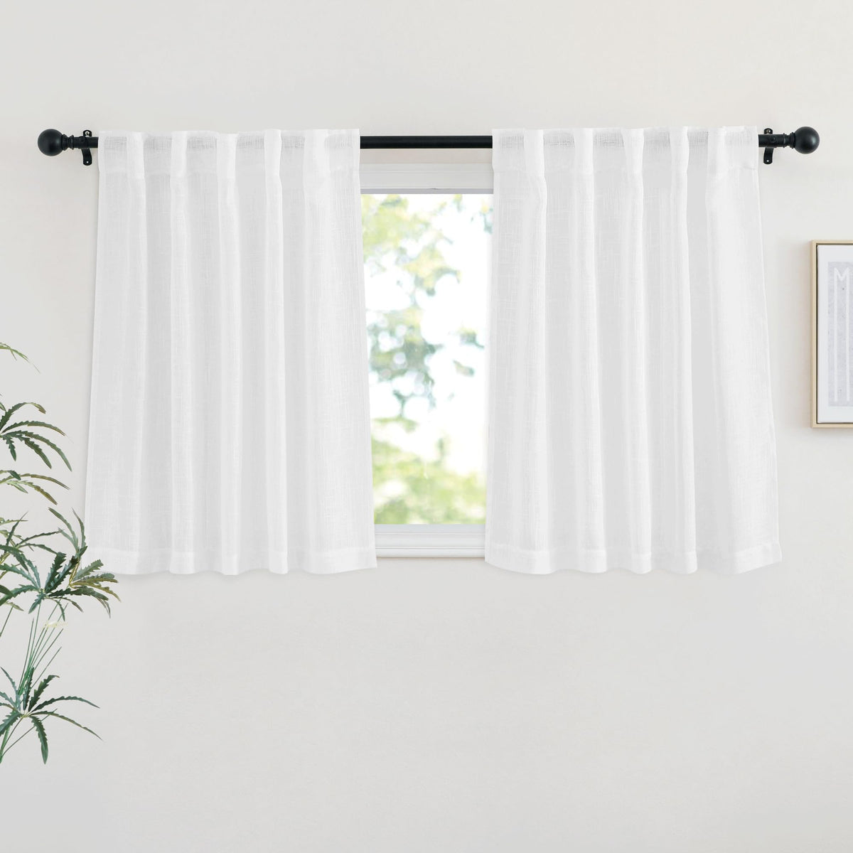 NICETOWN Natural Linen Kitchen Curtains 26 inches Long, Rod Pocket & Back Tab Semi Sheer Flax Window Treatments Rustic & Cute for Cafe/Kids Room, W37 x L26, 2 Panels