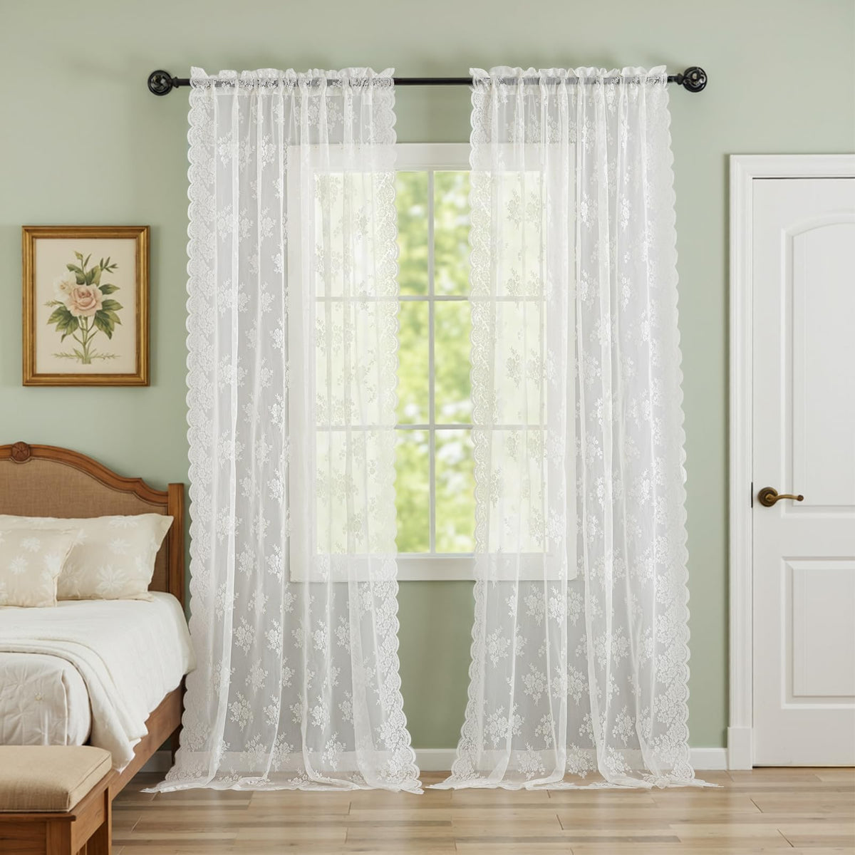 Kotile Short Beige Lace Curtains for Kitchen Windows W42xL45 Inch, 2 Panels