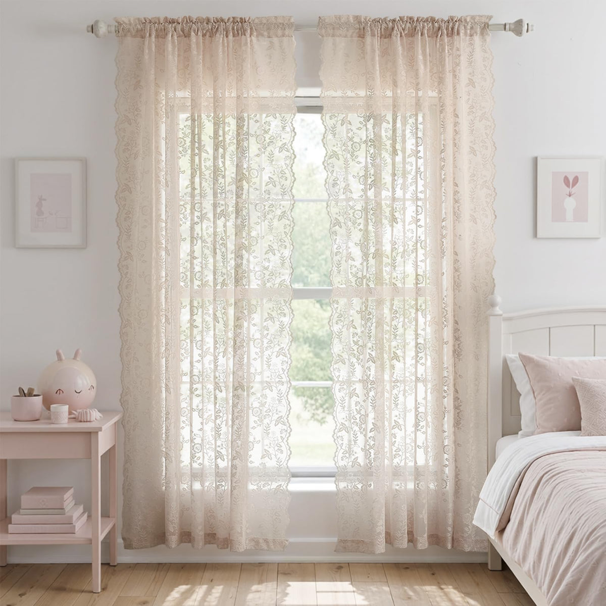 FINECITY Short Beige Lace Curtains Rustic Leaf Floral W42xL36 Inch 2 Panels