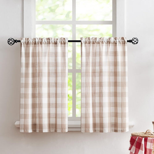 Taupe White Check Kitchen Tier Curtains for Basement Laundry 27x36 2pcs