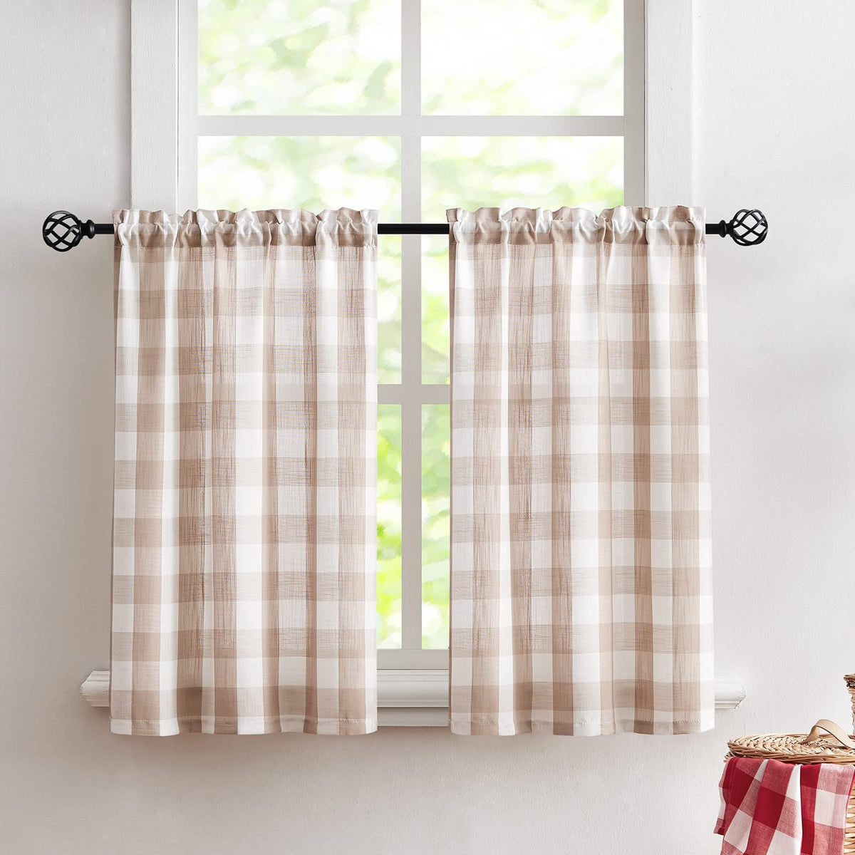 Taupe White Check Kitchen Tier Curtains for Basement Laundry 27x36 2pcs