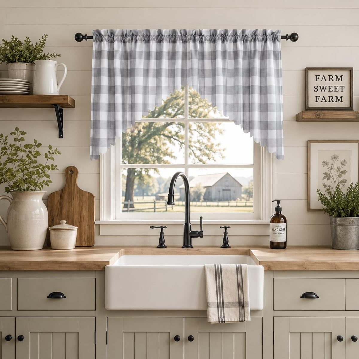 Beda Home Buffalo Check Swag Valance for Kitchen, Coffee/White, 52 x 18 in