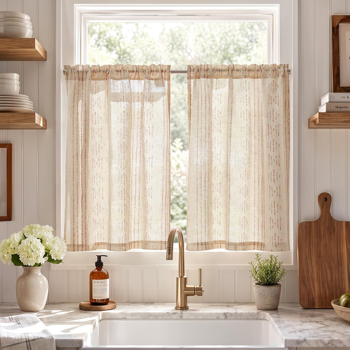 jinchan Linen Striped Tier Curtains for Kitchen Windows Farmhouse
