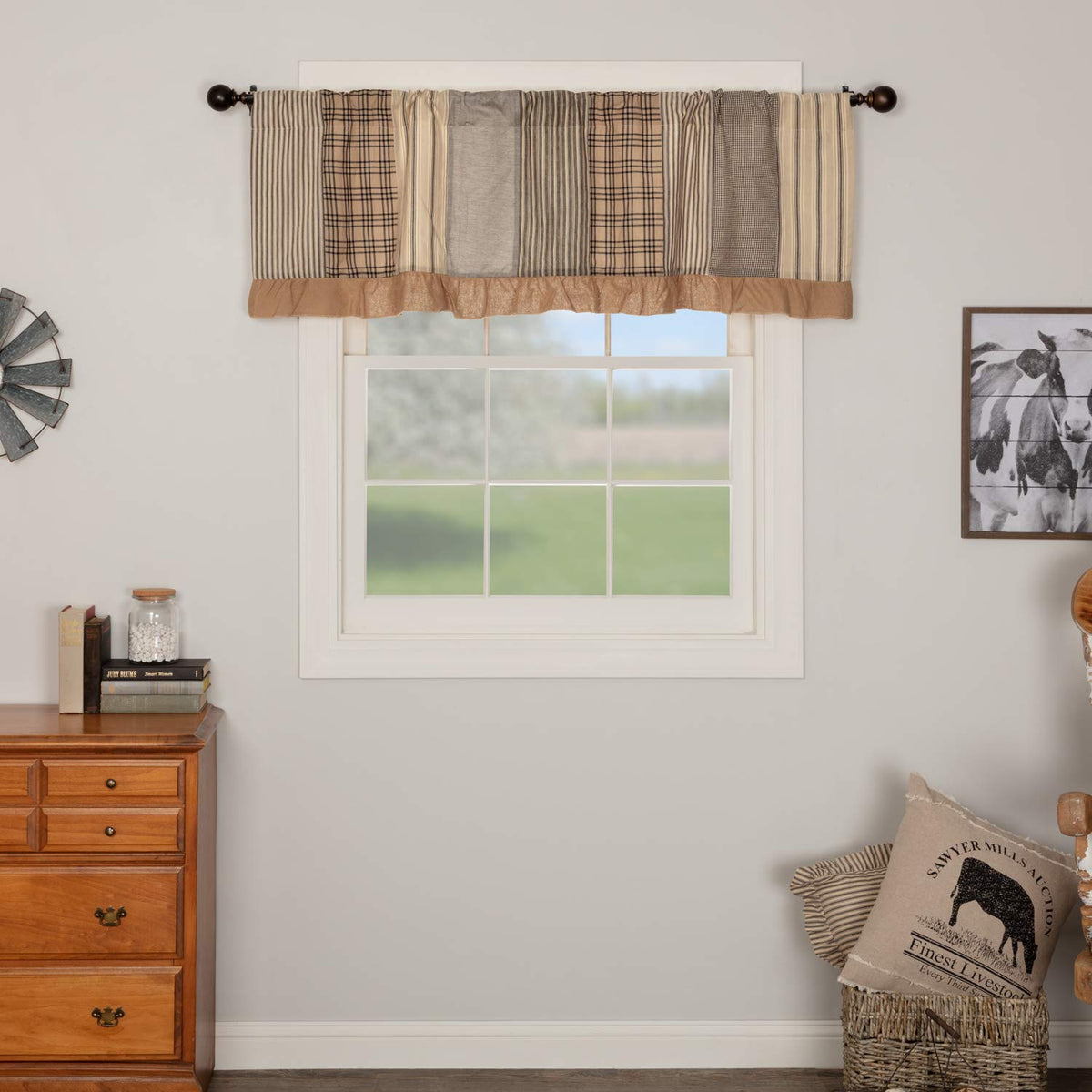 VHC Brands Sawyer Mill Curtain, Panel 63x36, Charcoal Khaki Tan