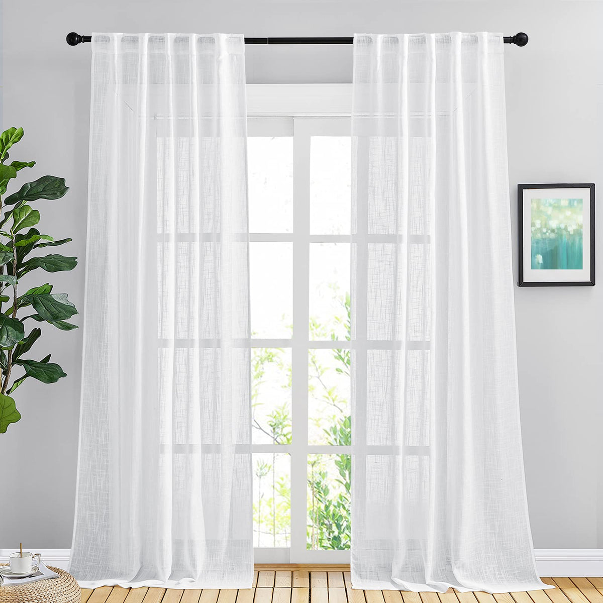 NICETOWN Natural Linen Kitchen Curtains 26 inches Long, Rod Pocket & Back Tab Semi Sheer Flax Window Treatments Rustic & Cute for Cafe/Kids Room, W37 x L26, 2 Panels