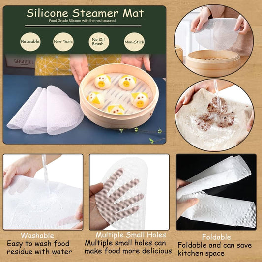 Rolin Roly 5PCS 11.8 inch Silicone Steamer Liners Round Mesh Baking Mats Non-Stick Steamed Reusable Food Grade Pastry Dim Sum Steamer Papers Bamboo Dumpling Mat