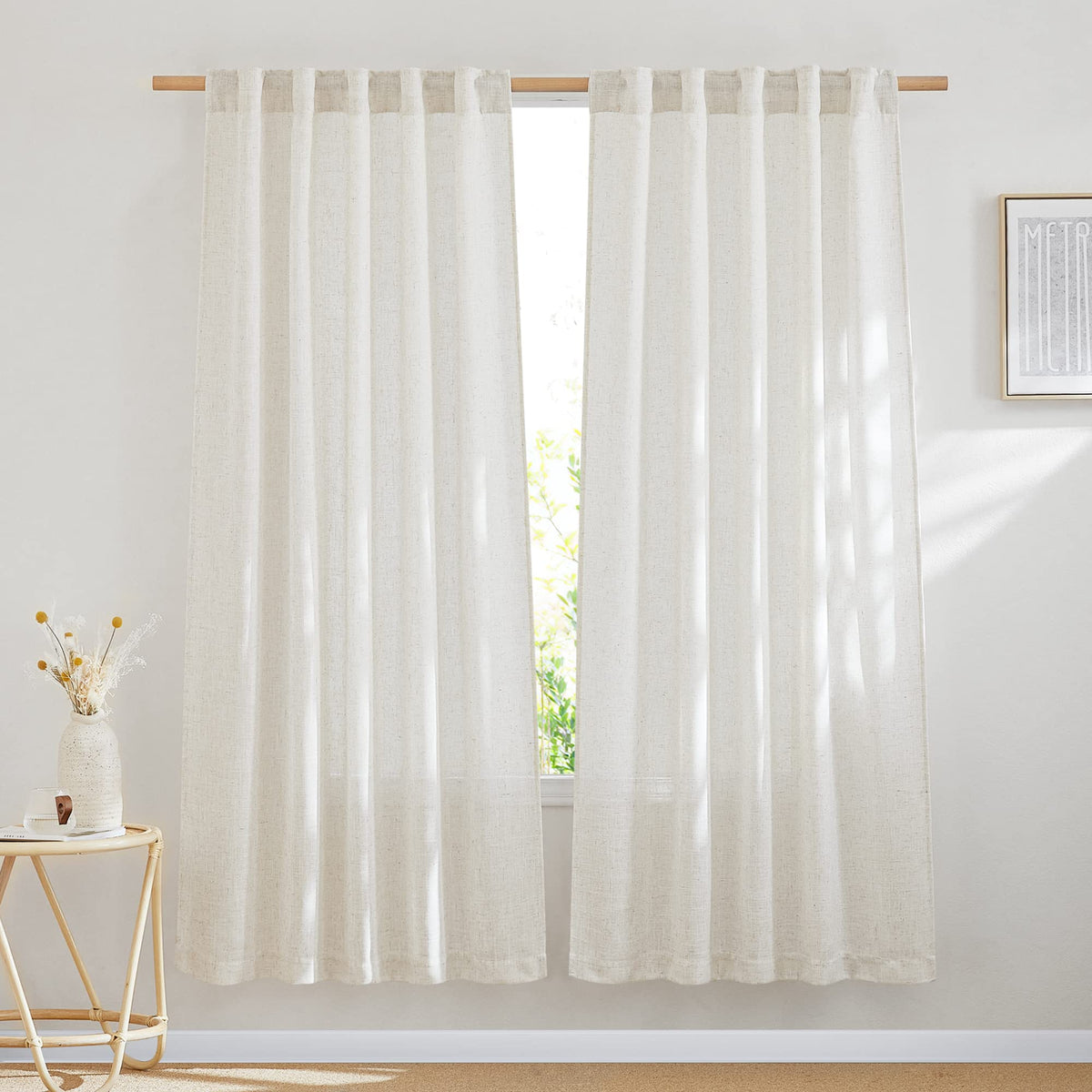 NICETOWN Natural Linen Kitchen Curtains 26 inches Long, Rod Pocket & Back Tab Semi Sheer Flax Window Treatments Rustic & Cute for Cafe/Kids Room, W37 x L26, 2 Panels
