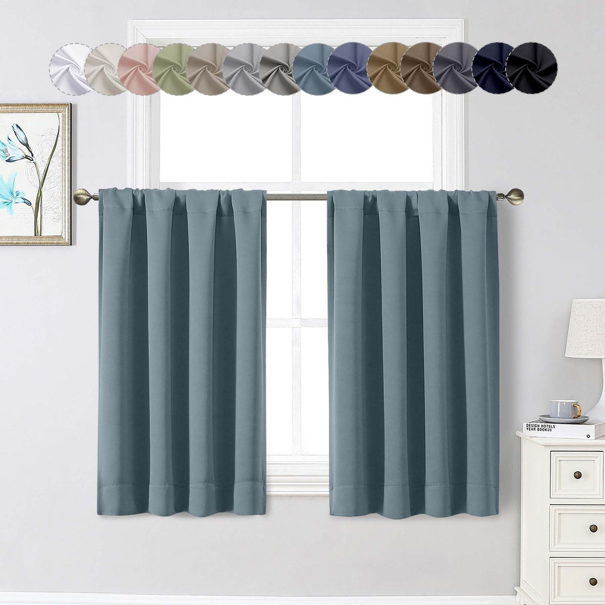 Black Cafe Blackout Curtains 36 Inch Length 2 Panels Set, Soft Solid Thermal Insulated Room Darkening Small Window Curtains for Kitchen Bathroom Basement, Black, Each, 40" Wx36 L