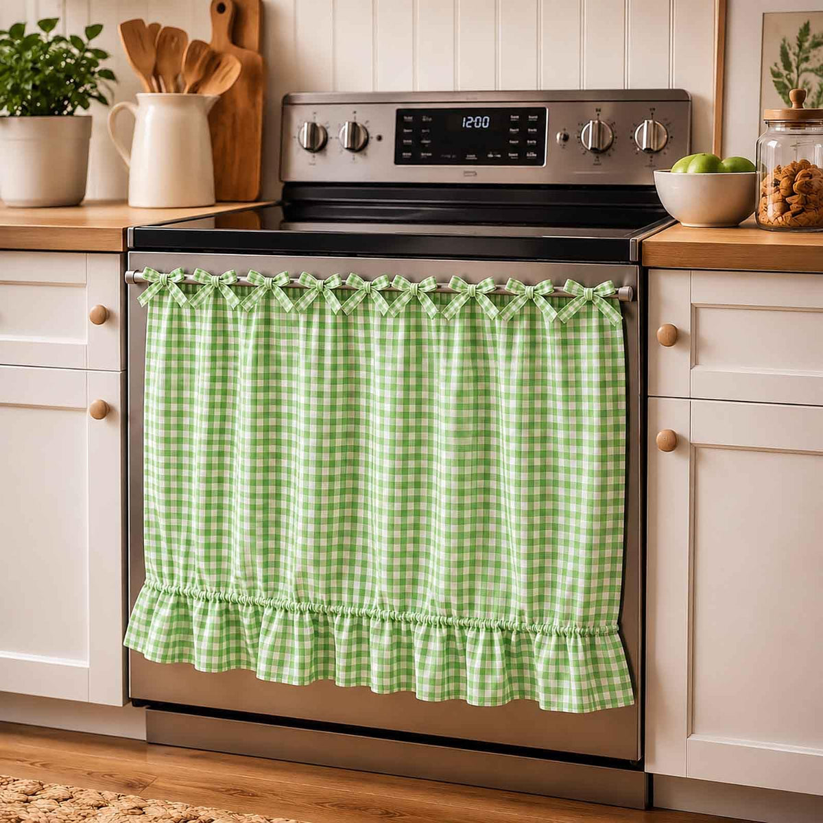 LOSOZO Oat Handmade Oven Skirt for Farmhouse Kitchen Décor, Oven Curtain Tie Top Decorative Cabinet Dish Washer Oven Curtains, Ruffled Fabric Appliance Cover with Ribbon Ties