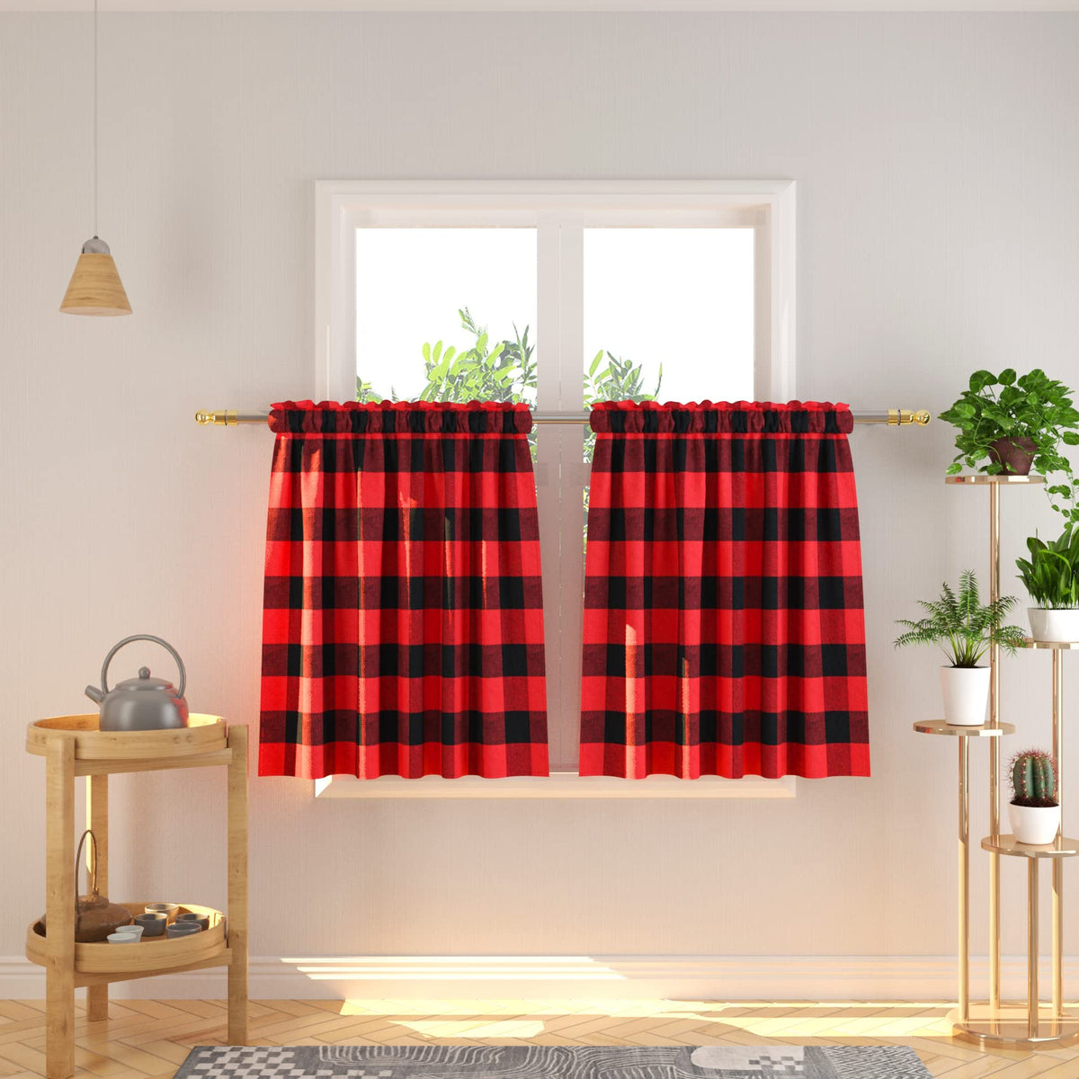 Buffalo Check Kitchen Tier Curtain 24 inches Long Plaid Gingham Rod Pocket Classic Cafe Curtains Country Farmhouse Kitchen Half Window Curtains 2 Panels Beige & White
