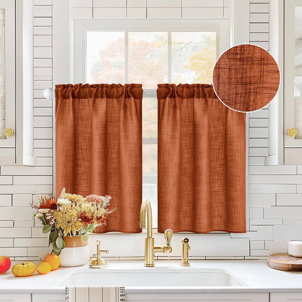 MIULEE Spring Linen Textured Kitchen Window Curtains over Sink 24 Inch Length Semi Sheer Farmhouse Small Curtains for Cafe Bathroom Basement, Short Rod Pocket Tier Curtains 2 Panels W26XL24 Sage Green