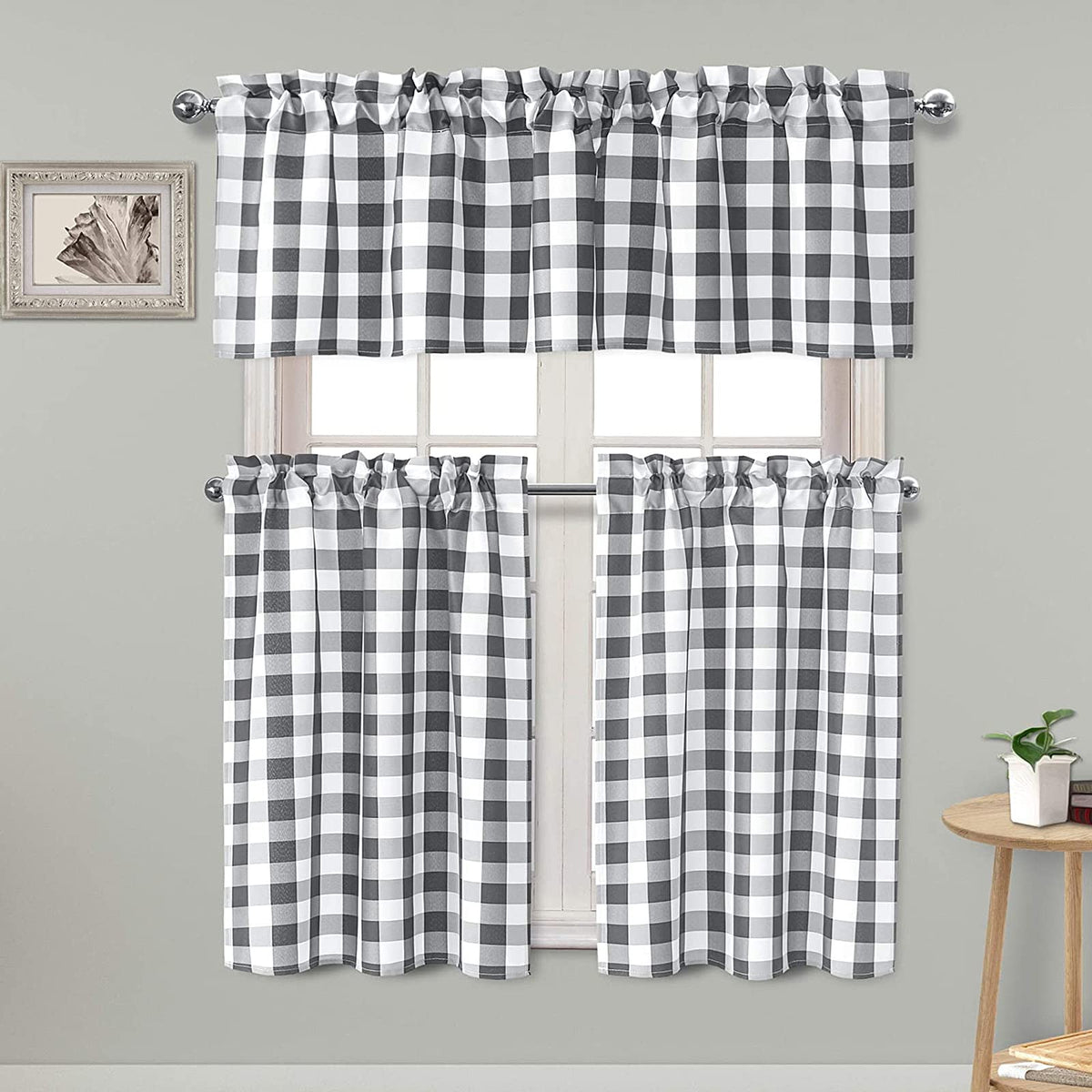 Hiasan 3 Piece Semi Sheer Curtains, Black and White