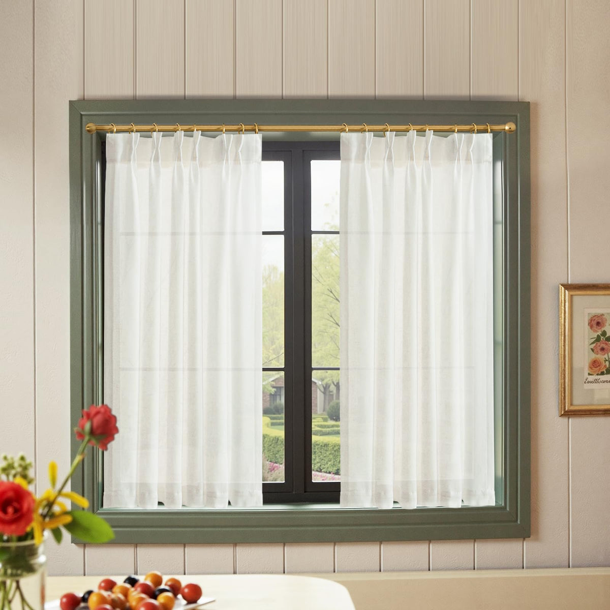 jinchan Linen Pinch Pleated Back Tab Tier Curtains, 26x36, Natural