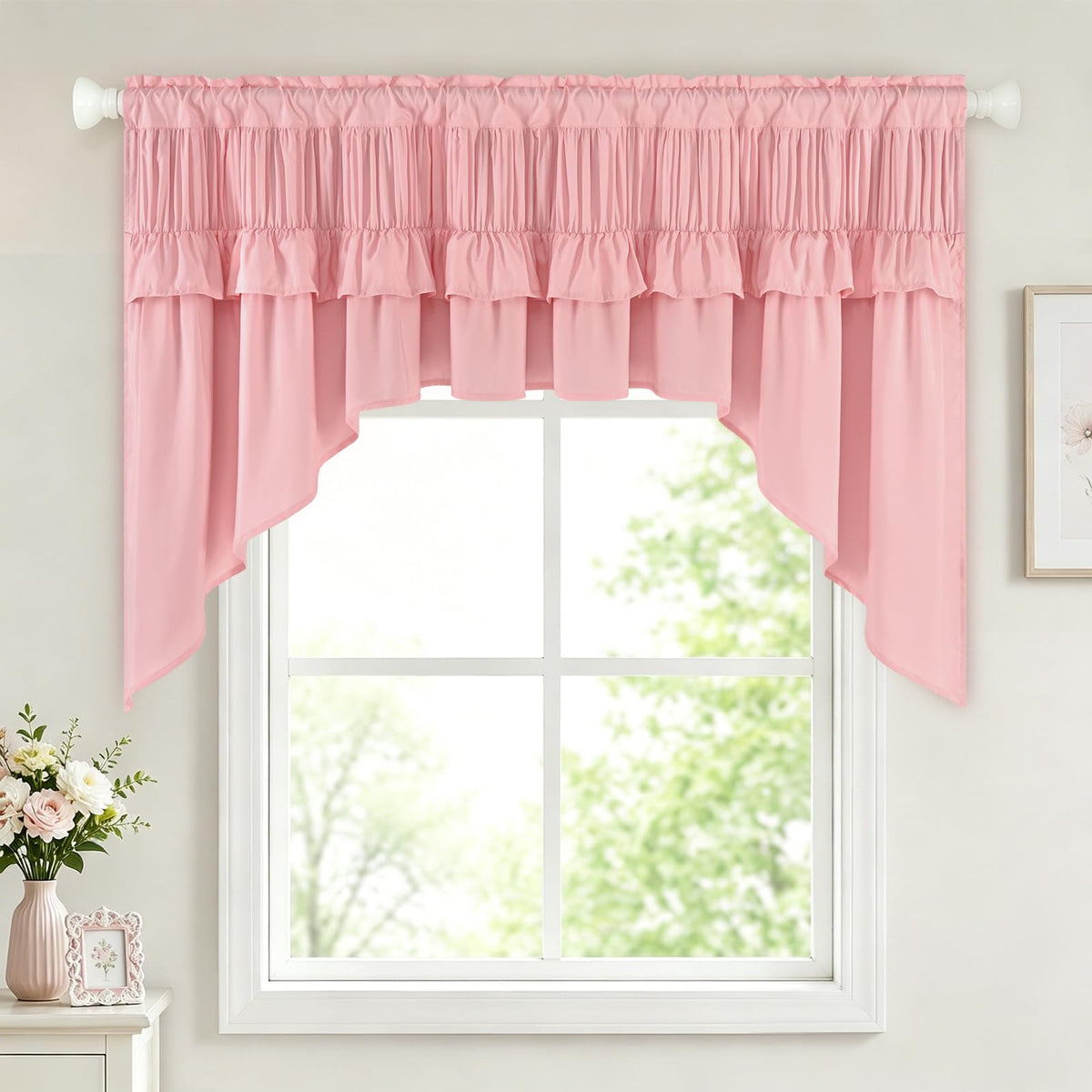 Yinhua Pink Kitchen Curtains 36 Inch Length Ruffle Blackout Cafe Curtains, Farmhouse Rustic Kitchen Window Curtain Rod Pocket Short Tier Curtain for Windows, 26" W x 36" L, 2 Panels
