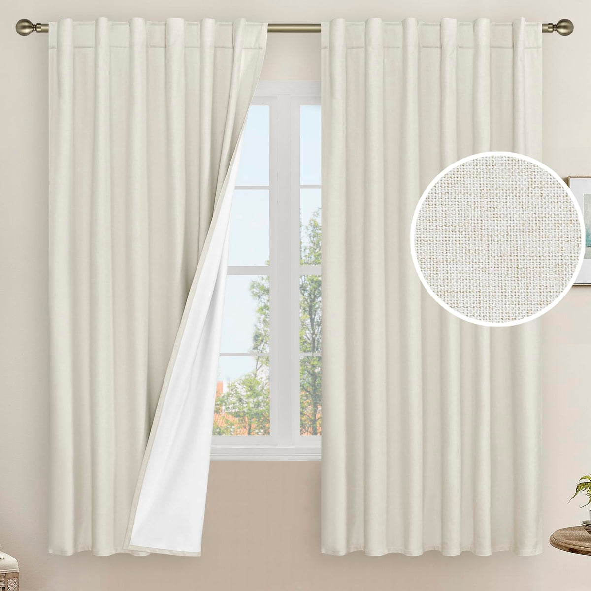 LAMIT Full Blackout Linen Kitchen Window Curtains 36 Inches Long, Ivory