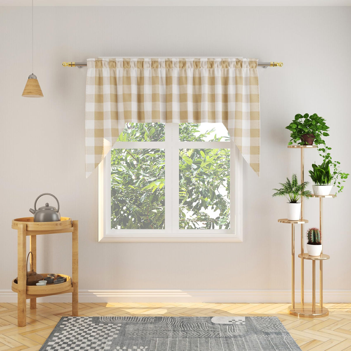 Buffalo Check Kitchen Tier Curtain 24 inches Long Plaid Gingham Rod Pocket Classic Cafe Curtains Country Farmhouse Kitchen Half Window Curtains 2 Panels Beige & White