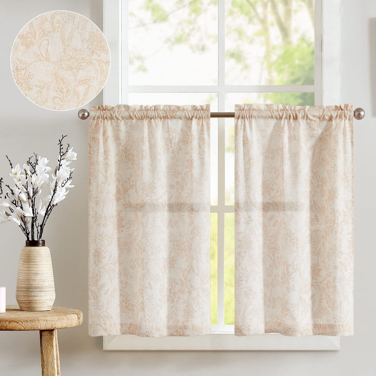 jinchan Floral Kitchen Tier Curtains 24 Inch 2 Panels Sage Green on Beige