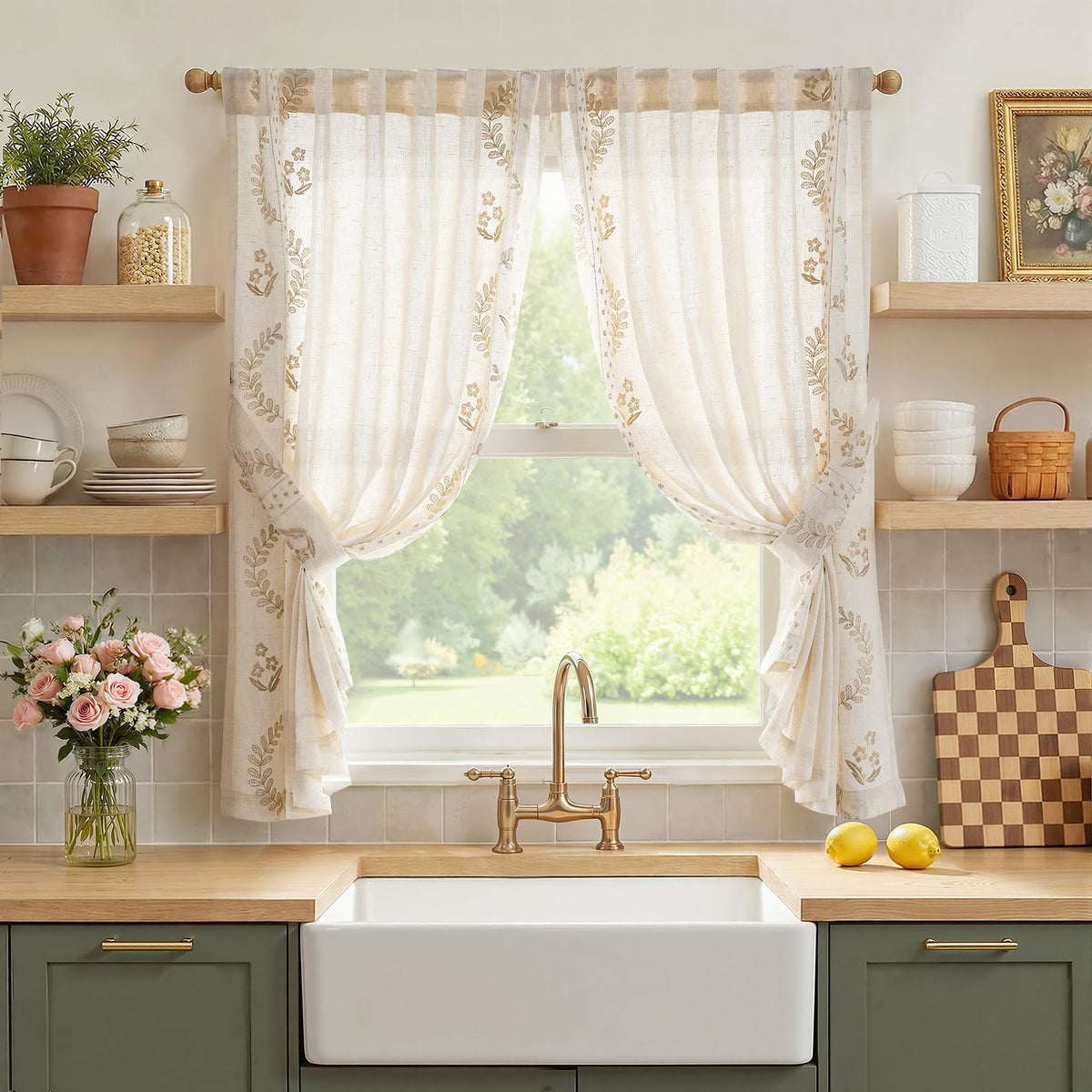 jinchan Green Floral Linen Kitchen Tier Curtains 50x45 Inch 2 Panels