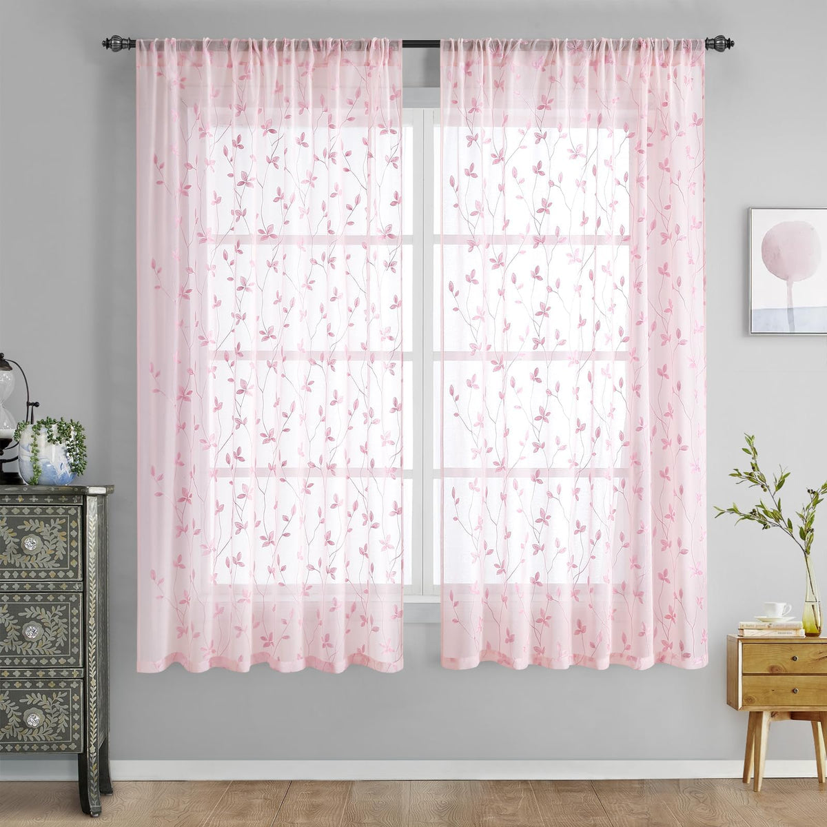 HOMEIDEAS Sage Green Kitchen Tier Curtains Leaf Embroidered, 30x36, 2 Panel