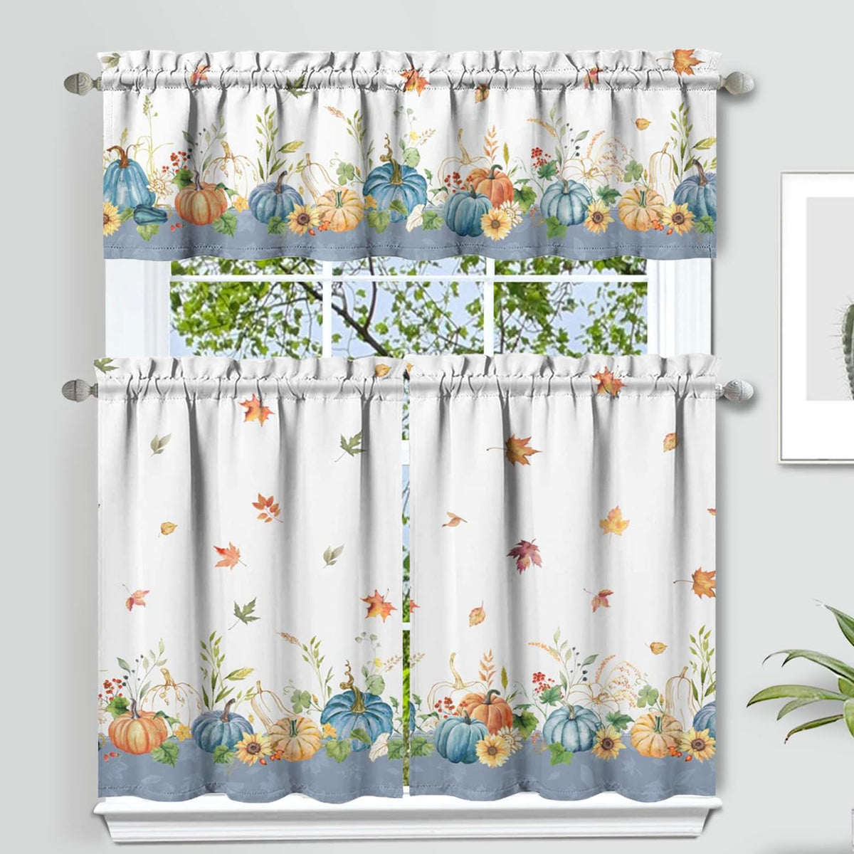 Sage Kitchen Curtain Valance 3 Piece Set, Sage Leaf Floral Kitchen Decor for Home Interior, Farmhouse Style Sink Window Curtains 36 Inch