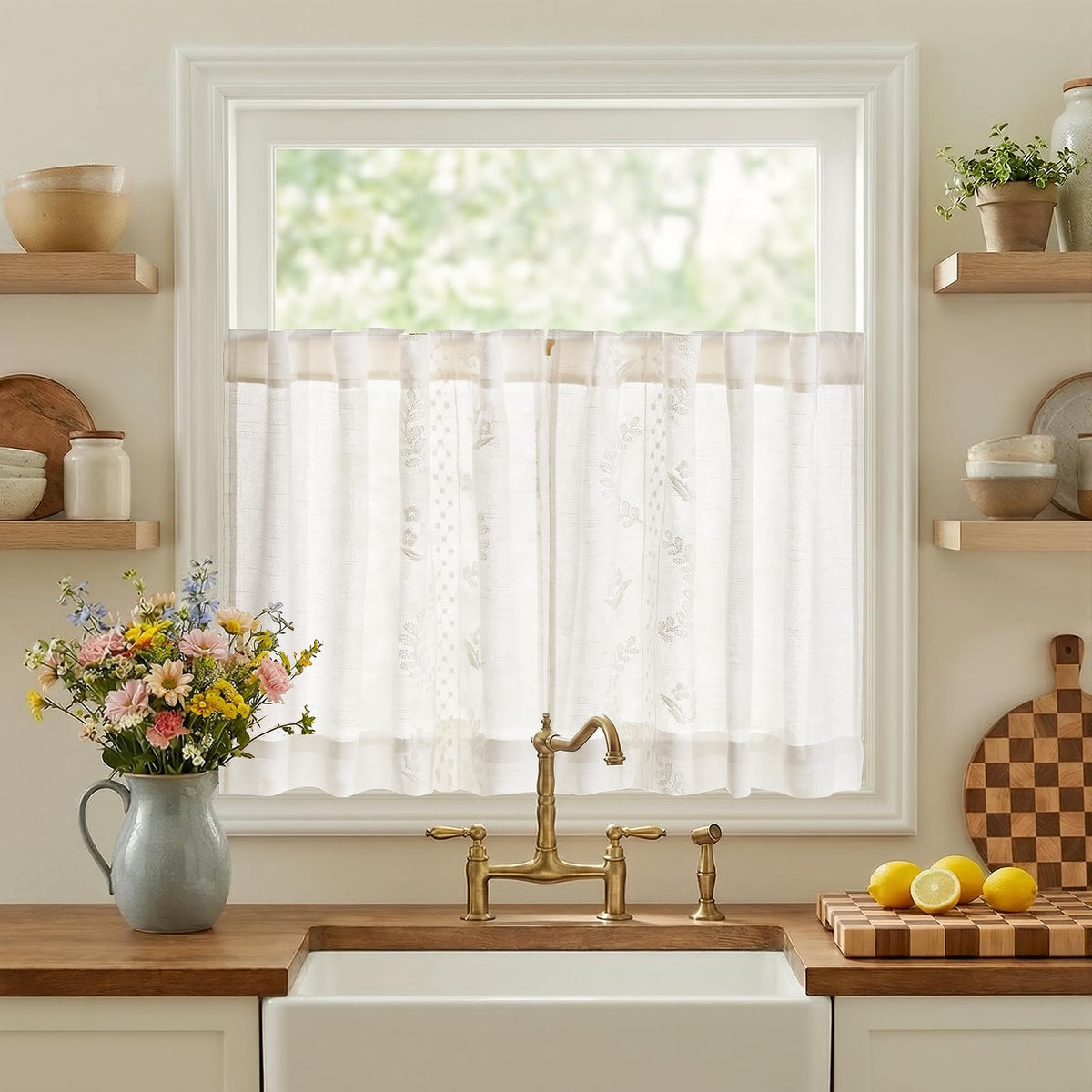 jinchan Beige Floral Linen Kitchen Tier Curtains 36 Inch, 2 Panels