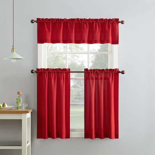 No. 918 Martine Microfiber Semi-Sheer Rod Pocket Kitchen Curtain Valance and Tiers Set, 54" x 36", Red