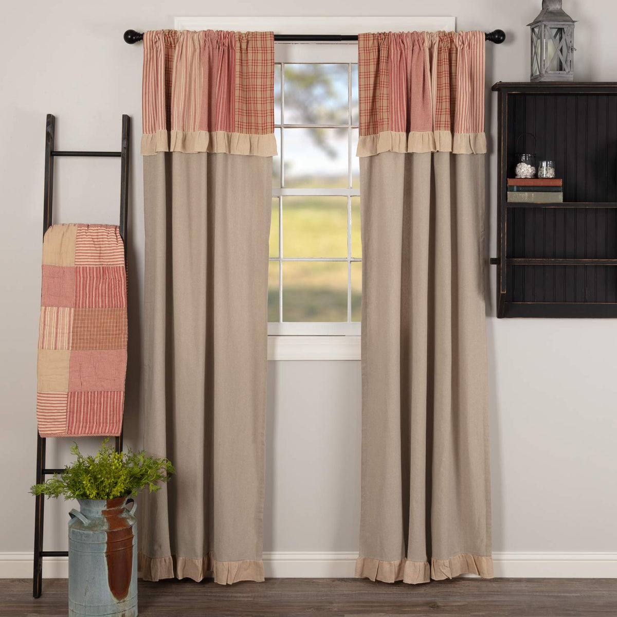 VHC Brands Sawyer Mill Curtain, Panel 63x36, Charcoal Khaki Tan