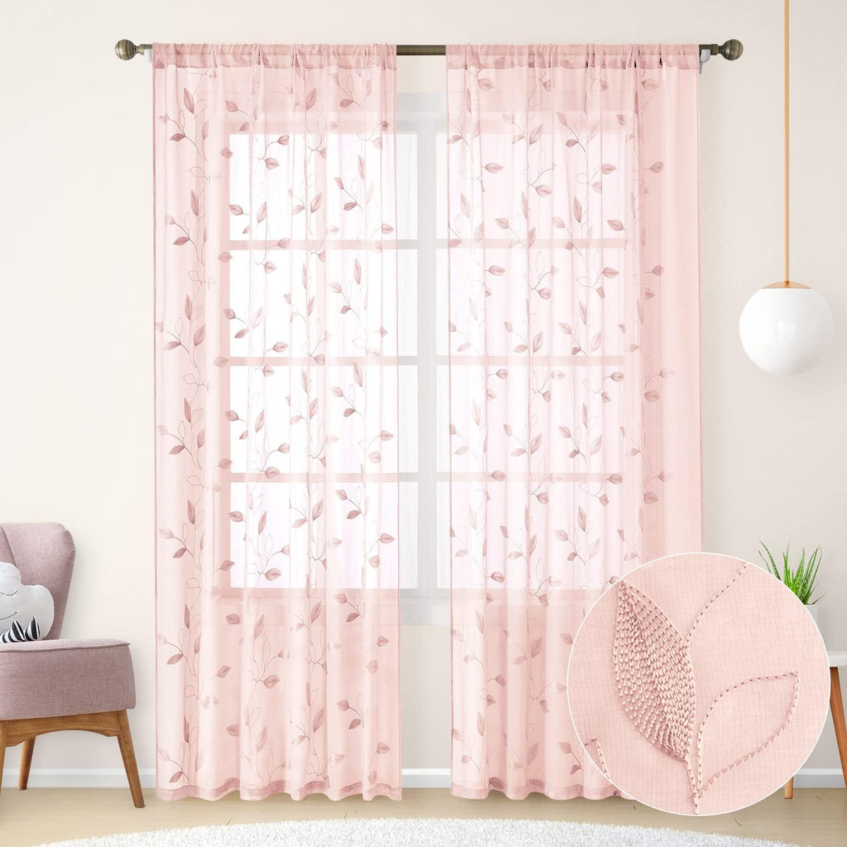 HOMEIDEAS Sage Green Kitchen Tier Curtains Leaf Embroidered, 30x36, 2 Panel
