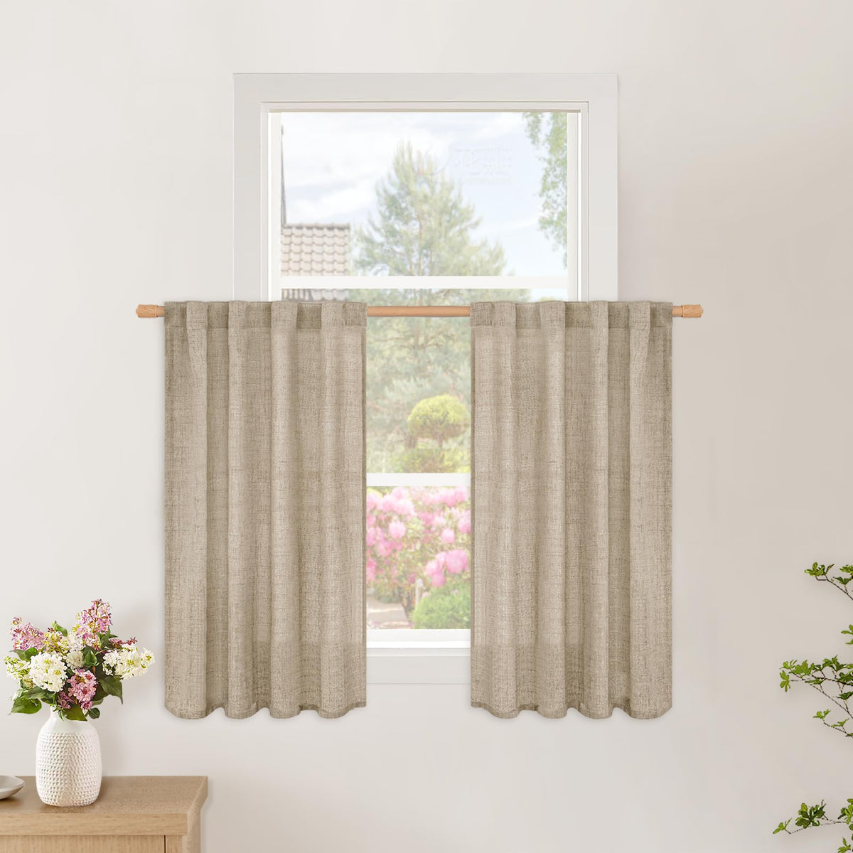 BGment White Linen Kitchen Curtains 40 Inch Length for Short Window