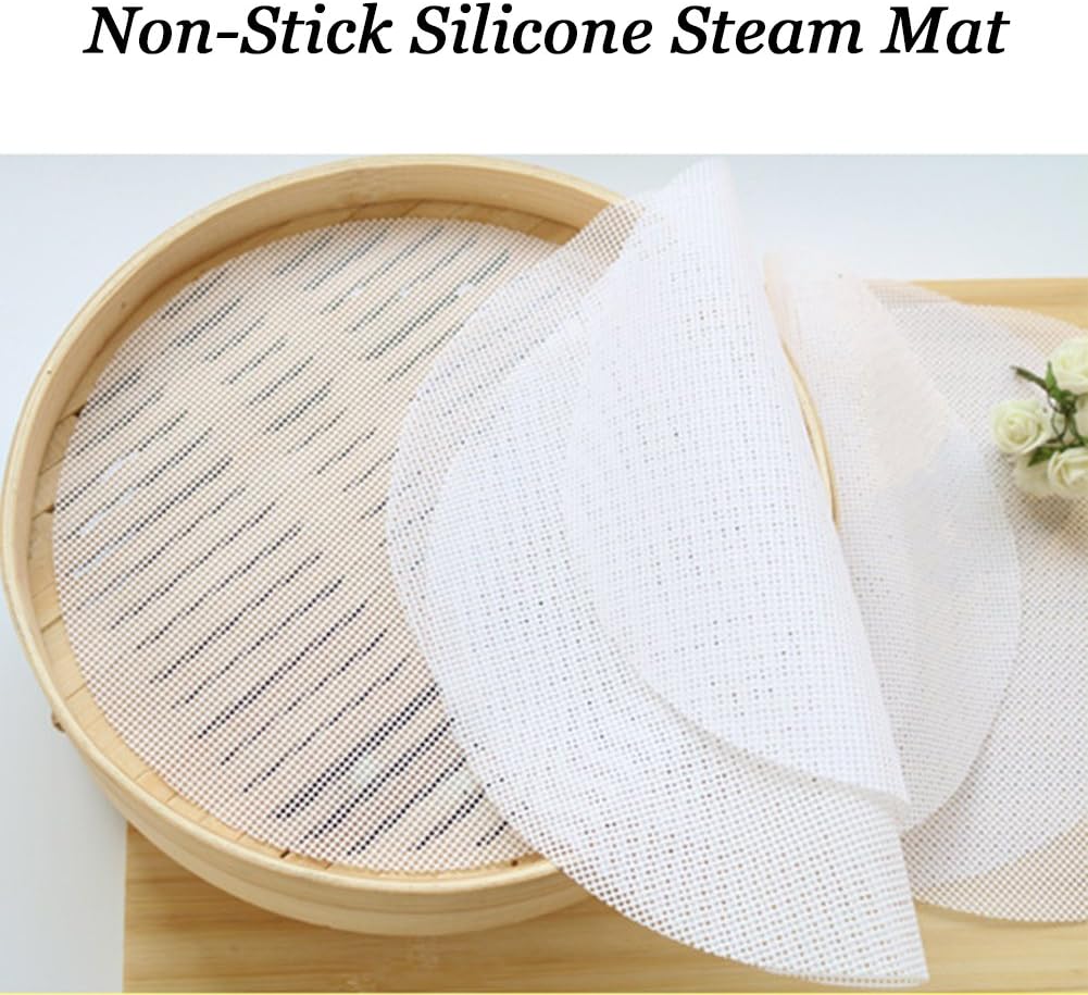 INCHANT 5-Piece Non-Stick Round Steamer Mat, Reusable Silicone Bamboo Steamer Pad/Mesh, for Steamed Dim Sum, Dumplings, Buns, 35cm in Diameter