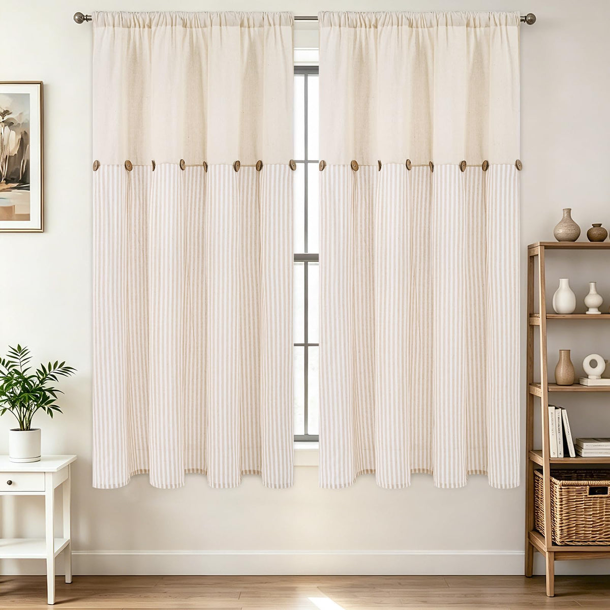 BLEUM CADE Farmhouse Kitchen Curtains 36 Inch, Cotton Linen Cafe Curtains with Rustic Buttons, Boho Small Window Curtains for Bathroom, Green Stripe Half Window Drapes Over Sink, 2 Panels