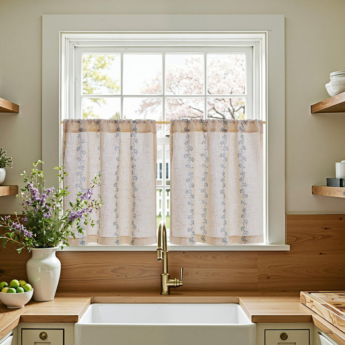jinchan Hattie Floral Linen Kitchen Tier Curtains Beige 30 in 2 Panels