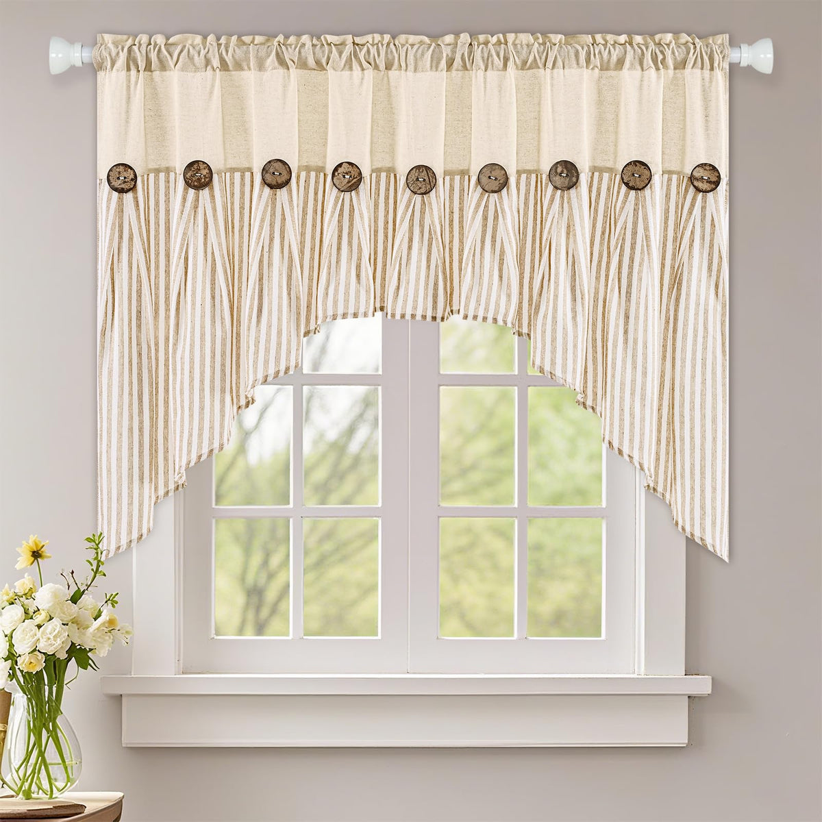 ASPMIZ Cotton Linen Kitchen Valance Curtains, Boho Rustic Button Linen Valances for Windows Farmhouse, Black with Grey Stripe Valance Window Topper Treatment Window Valances for Bathroom, 52 x 18 Inch