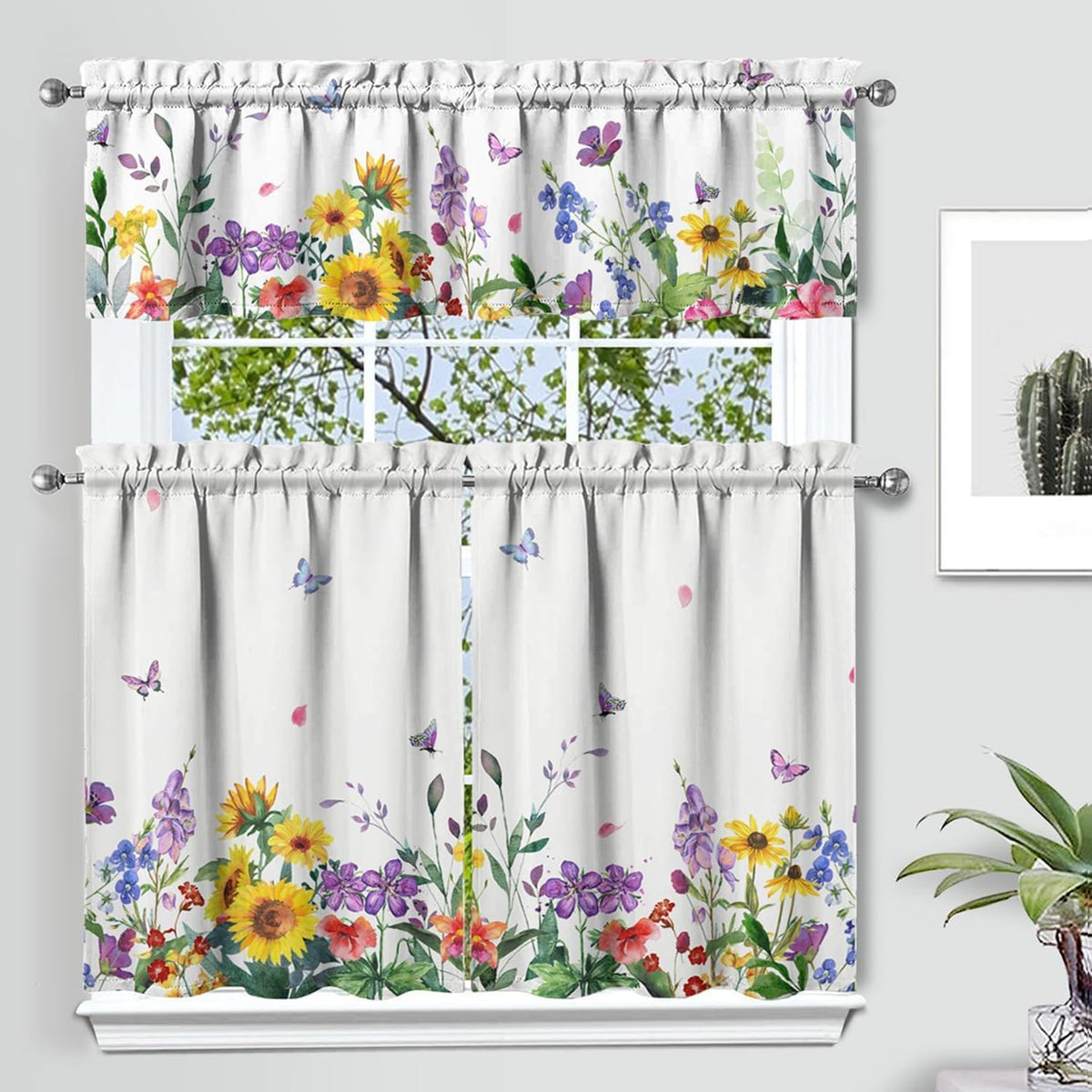 Sage Kitchen Curtain Valance 3 Piece Set, Sage Leaf Floral Kitchen Decor for Home Interior, Farmhouse Style Sink Window Curtains 36 Inch