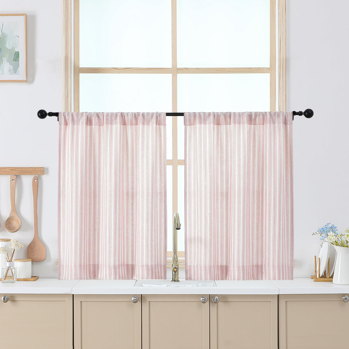 Chyhomenyc Striped Short Curtains 36 Inch Length - Light Filtering Faux Linen Living Room Tier Half Window Curtains, Farmhouse Modern Boho Curtain for Bathroom, 30Wx36L, 2 Pieces, Stone Blue
