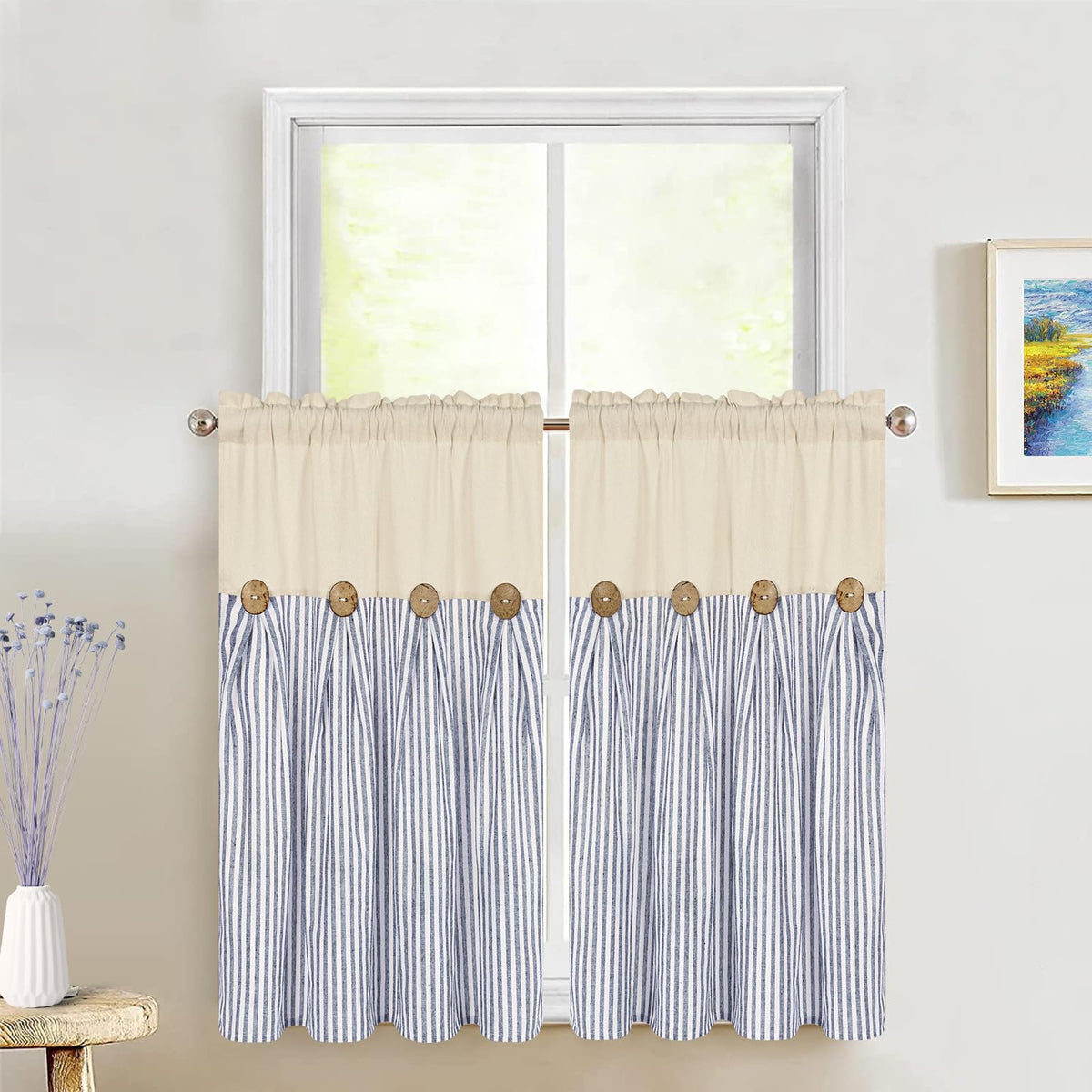 ASPMIZ Cotton Linen Kitchen Valance Curtains, Boho Rustic Button Linen Valances for Windows Farmhouse, Black with Grey Stripe Valance Window Topper Treatment Window Valances for Bathroom, 52 x 18 Inch