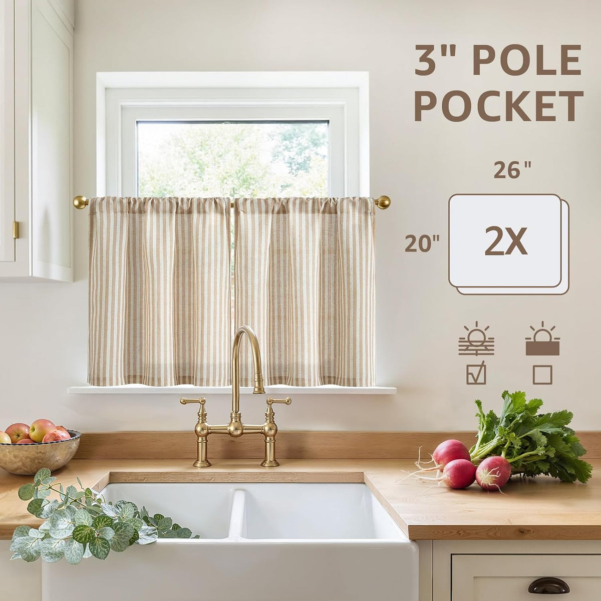 jinchan Striped Linen Kitchen Tier Curtains, 20 Inch, Tan, 2 Panels