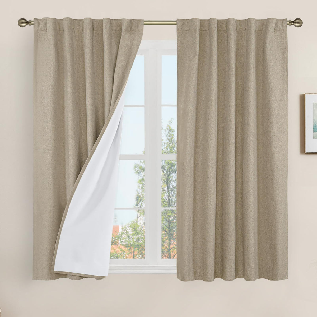 LAMIT Full Blackout Linen Kitchen Window Curtains 36 Inches Long, Ivory