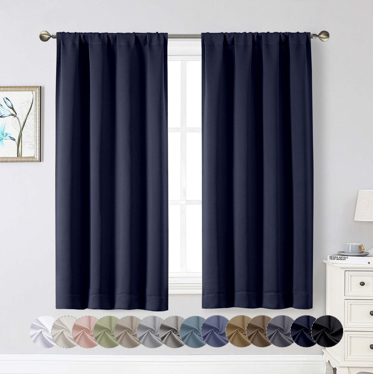 Black Cafe Blackout Curtains 36 Inch Length 2 Panels Set, Soft Solid Thermal Insulated Room Darkening Small Window Curtains for Kitchen Bathroom Basement, Black, Each, 40" Wx36 L