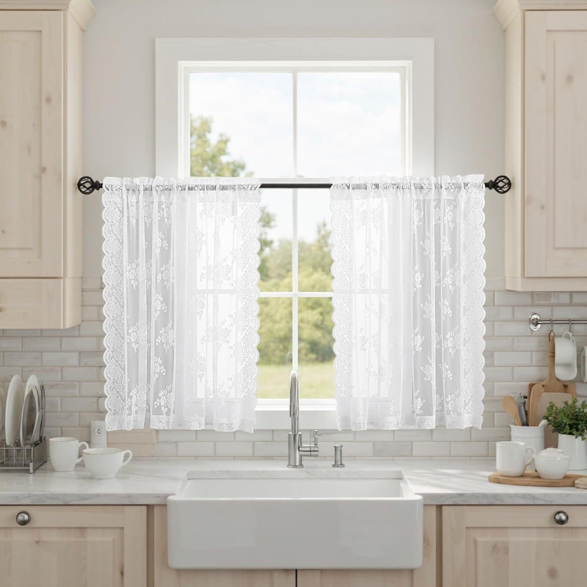 Kotile Short Beige Lace Curtains for Kitchen Windows W42xL45 Inch, 2 Panels